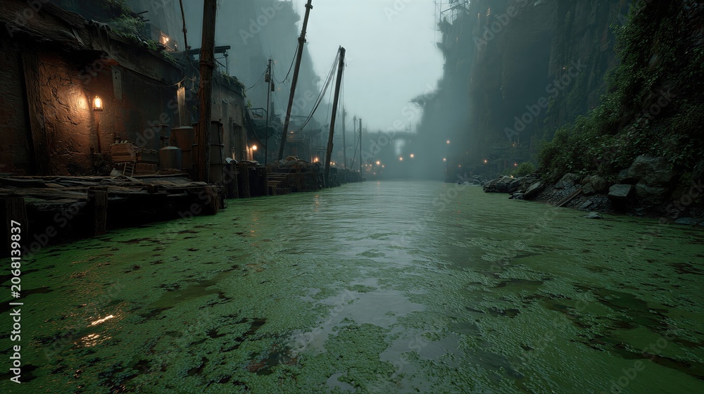Obraz premium Foggy canal with green algae-covered water and wooden docks. Dimly lit shacks along misty riverbank with lanterns. Eerie atmospheric urban decay concept for environmental storytelling.