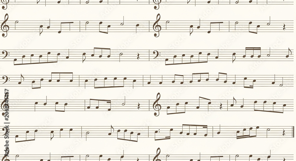 Naklejka premium Classical Music Sheet with Notes and Clefs Background