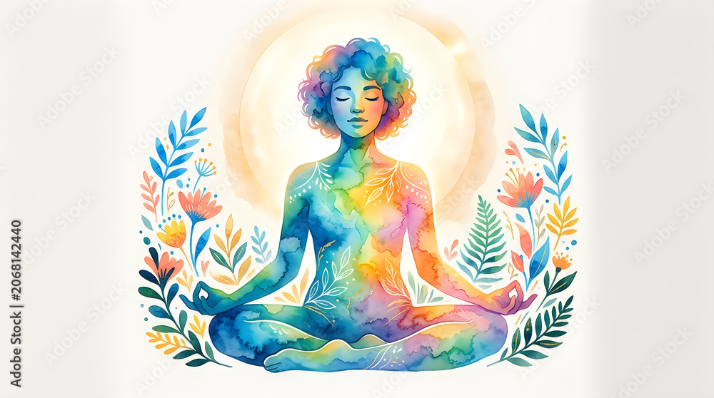 Fototapeta premium Watercolor illustration of a woman meditating in lotus position with floral surroundings, meditation