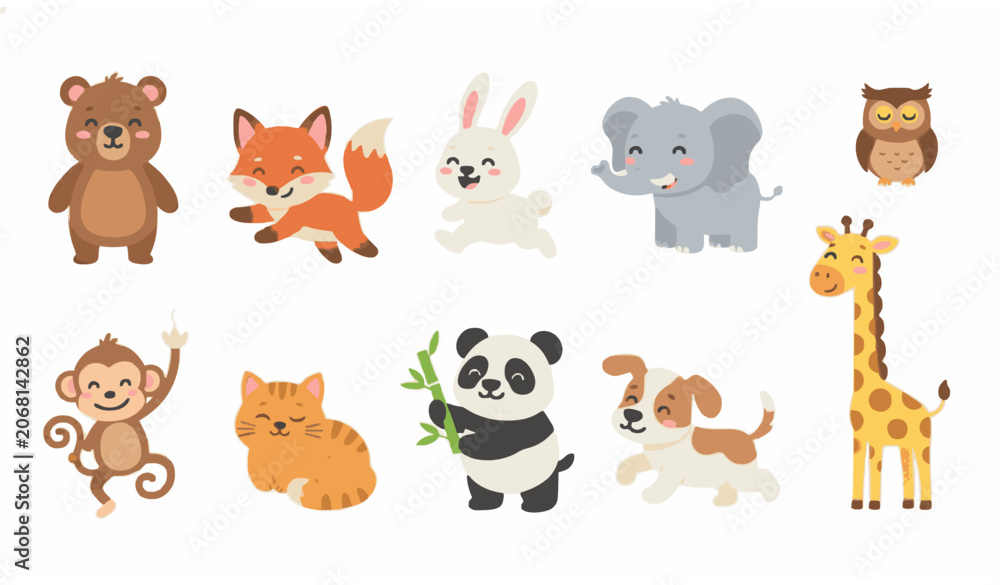 Naklejka premium Cute Cartoon Animal Vector Collection with Adorable Wildlife Characters Keywords
