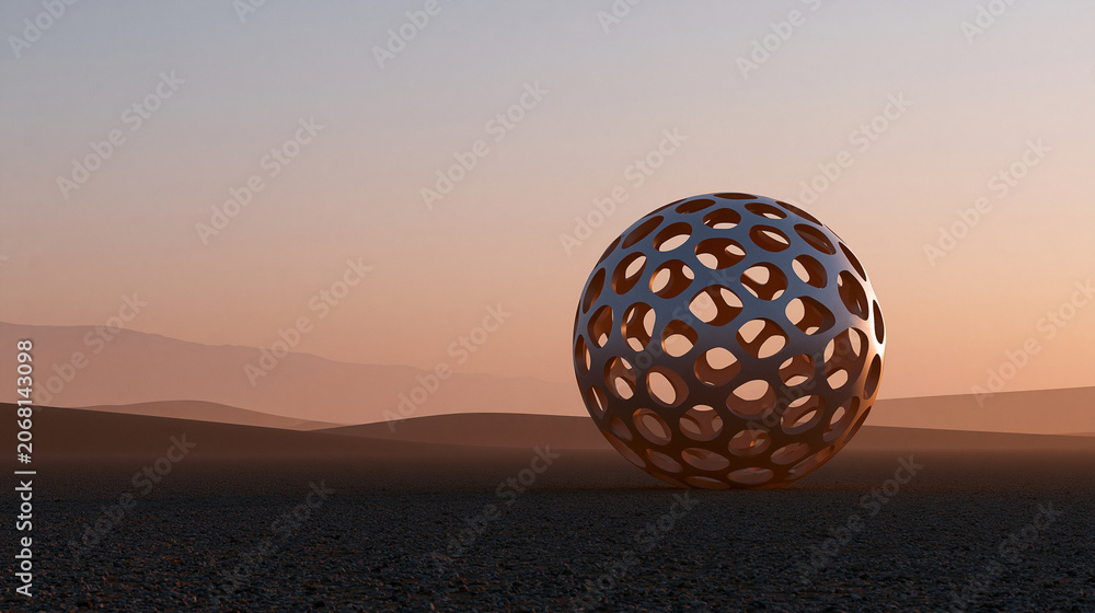 Fototapeta premium Futuristic metallic sphere in a desert landscape at sunset, abstract technology and nature concept, generative AI, with copy space