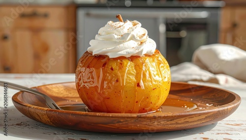 Delicious baked apple topped with creamy whipped cream and drizzled with sweet caramel syrup, a perfect fall dessert.
