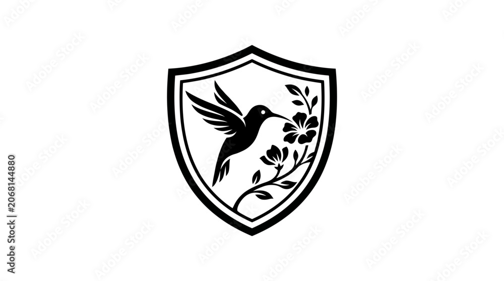 Fototapeta premium Flying Hummingbird Inside Floral Shield Emblem Minimalist Black and White Illustration