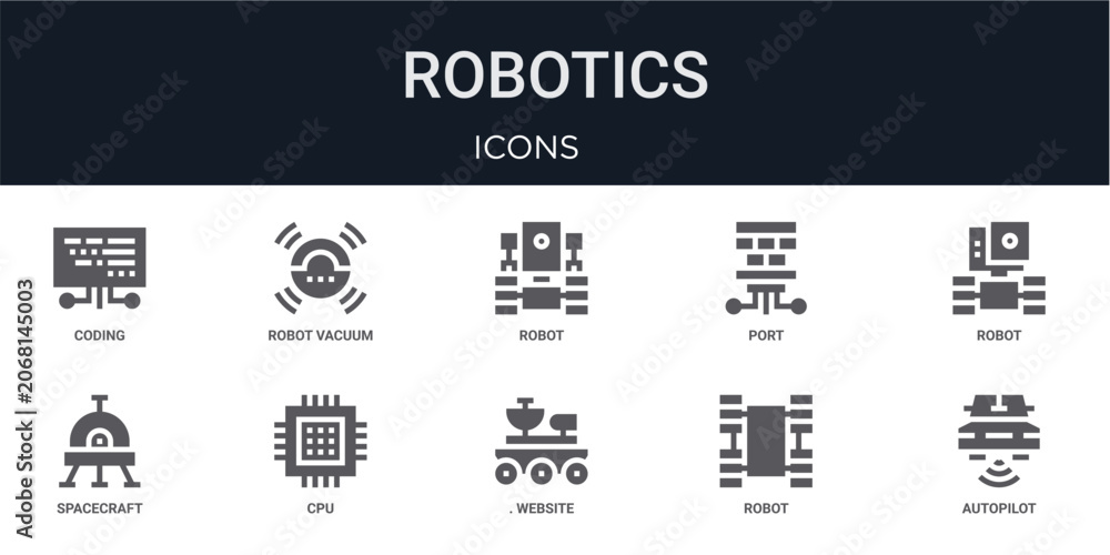 Obraz premium Set of 10 solid Robotics icons for dashboards, app screens and website sections. Filled glyph collection including robot vacuum cleaner, port, spacecraft,. for website design and mobile, app