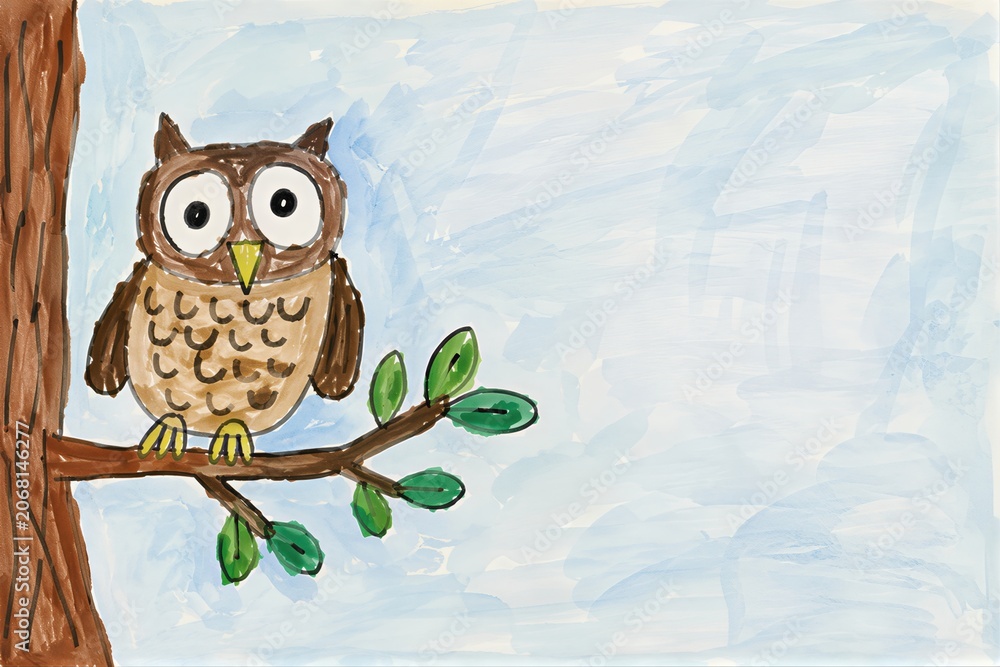 Fototapeta premium Child drawing of owl sitting on tree branch. Naive artistic style with grotesque aesthetic and intentional awkwardness. Hand drawn illustration with empty space for custom text message.