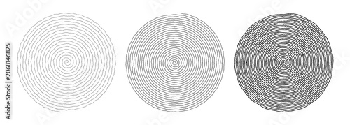 Set of three hand-drawn circular spiral line art shapes with concentric swirling rings in varying stroke weights isolated on white background