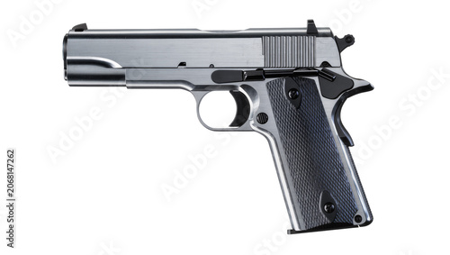 Obraz na plátně Isolated modern silver semi-automatic pistol, classic 1911 style handgun with da