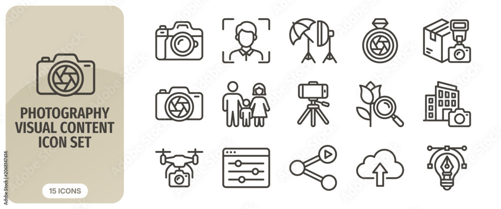 Fototapeta premium Photography visual content icon set, vector illustration of professional camera equipment, studio lighting, photo editing, and digital media sharing symbols