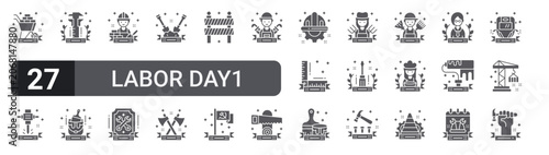 Foto Set of 27 filled glyph Labor Day1 icons for mobile apps, web interfaces and digital products