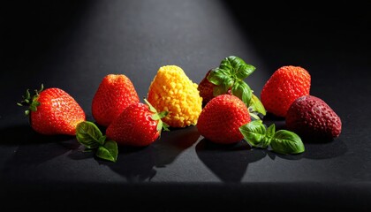 Fresh Strawberry and Vibrant Basil Sprigs Arranged with a Yellow Gummy Bear on a Dark Reflective Surface