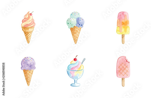 Watercolor summer ice cream icons set on white background