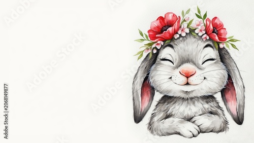 A smiling gray bunny with eyes squeezed shut with joy and a magnificent wreath of red poppies on his head. A photo with a place for the text.