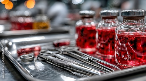 Medical instruments and vials with red liquid on a sterile tray, depicting a scene of laboratory research or surgical preparation
