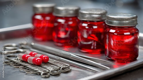 Medical instruments and vials of red liquid with capsules on a stainless steel tray