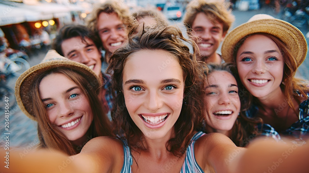 Fototapeta premium Happy young friends taking a selfie together outdoors, smiling and enjoying a summer day