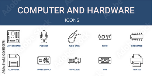 Fotografía Set of 10 outline web Computer and Hardware icons such as printer, hub, projecto