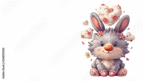 Cute fluffy bunny surrounded by pink and red hearts and small flowers. A photo with a place for the text.