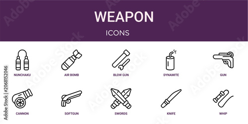 Canvastavla Set of 10 thin line Weapon icons for dashboards, websites and mobile app layouts