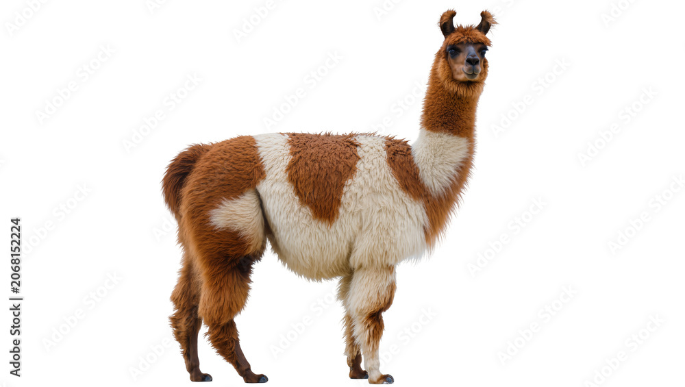 Fototapeta premium Isolated full body fluffy brown and white llama animal with a long neck looking forward