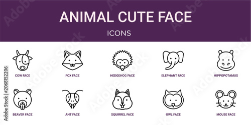 Bild auf Leinwand Set of 10 thin line Animal Cute Face icons for dashboards, websites and mobile app layouts