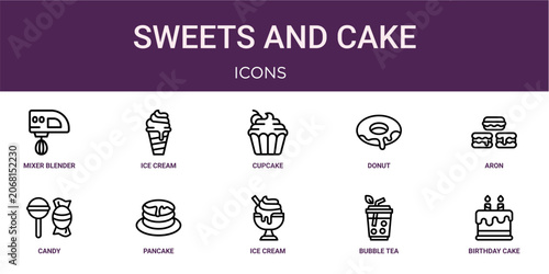 Set of 10 thin line Sweets and Cake icons for dashboards, websites and mobile app layouts. Editable outline vector pack featuring mixer blender, cupcake, aron, pancake and birthday cake.