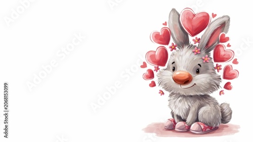 Cute fluffy bunny surrounded by pink and red hearts and small flowers. A photo with a place for the text.