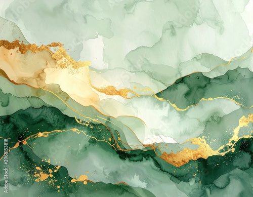 Abstract emerald green and gold fluid ink background, marbled texture with shimmering metallic foil details for luxury design