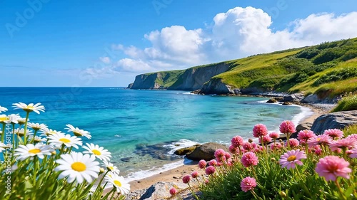 Coastal landscape with flowers and cliffs