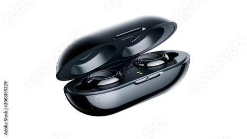 Photos Isolated sleek black wireless earbuds in open glossy charging case, modern portable audio technology
