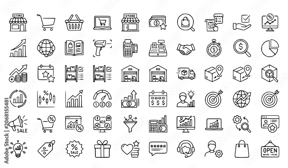Fototapeta premium Market Shop and Analytics Thin Line Icon Set