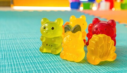 Playful fruit flavored gummy candies shaped like animals artfully arranged on a vibrant textured mat.