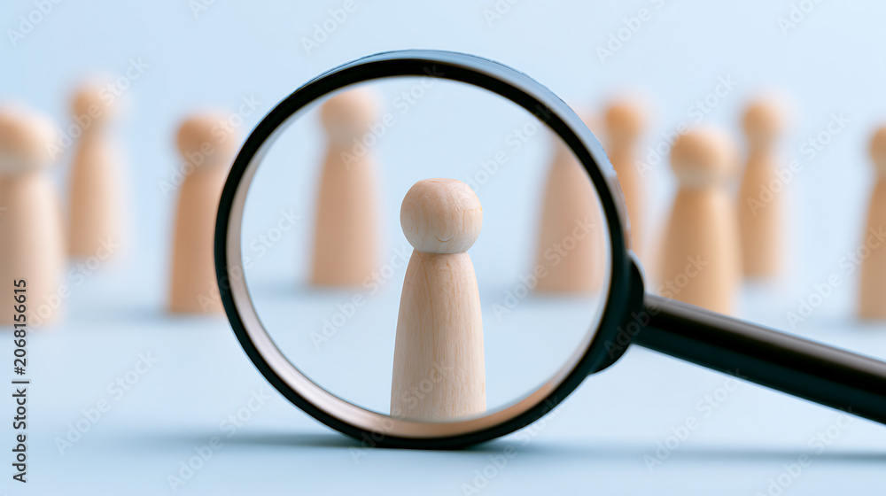 Fototapeta premium Magnifying Glass Focus on Individual Wooden Figure Among Group, Illustrate Talent Acquisition and Human Resources Concept with Light Blue Background