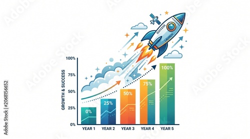 Business Growth and Success Infographic with Rocket Launch and Bar Chart Isolated on White Background