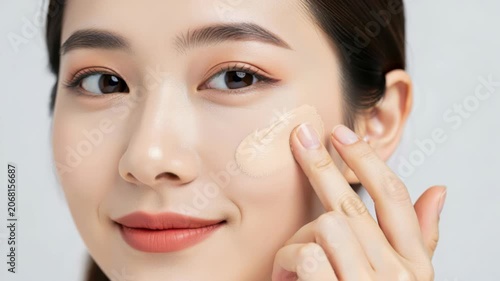 Young Woman Applying Foundation: A beautiful young woman with flawless skin gently applies foundation to her cheek, showcasing a radiant and natural look. Her fingers delicately blend the product.