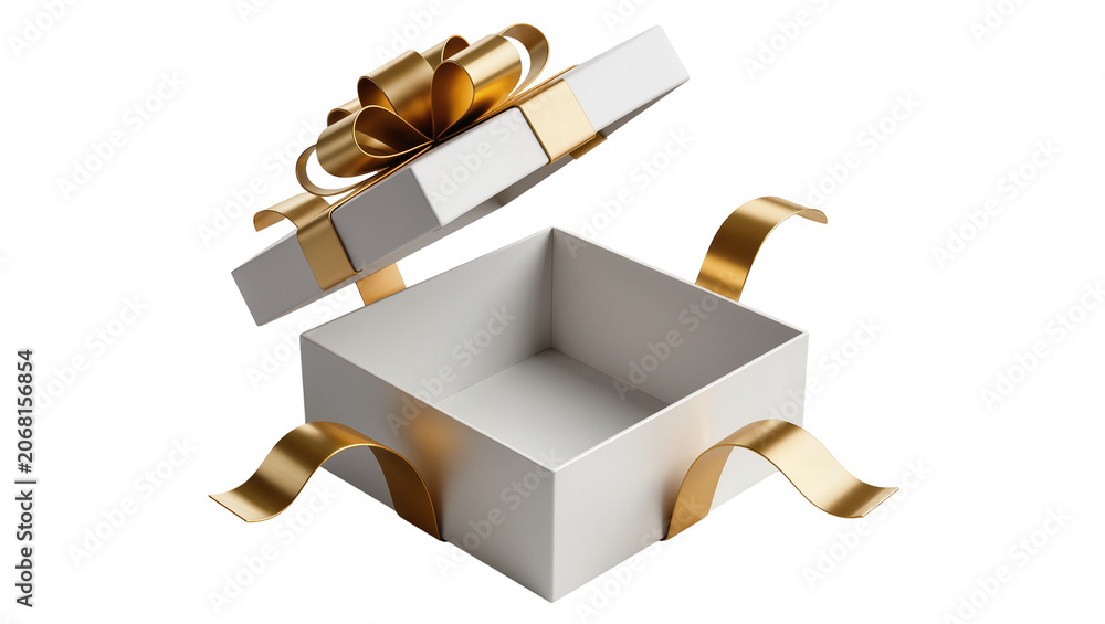 Fototapeta premium Isolated elegant open white gift box with a sophisticated golden ribbon and decorative bow