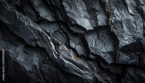 Dark charcoal rock texture with sharp jagged edges and crystalline mineral veins, abstract geological surface, dramatic industrial backdrop