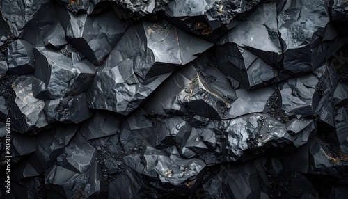 Dark charcoal stone rock texture with sharp crystalline edges and metallic glint, industrial background for moody masculine design