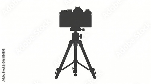 Black camera silhouette on tripod isolated on white background, professional photography equipment icon