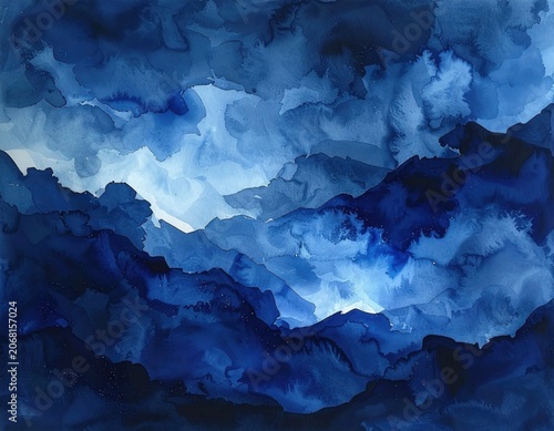 Deep blue watercolor wash with moody stormy clouds, swirling pigment texture, ethereal atmosphere for digital backgrounds
