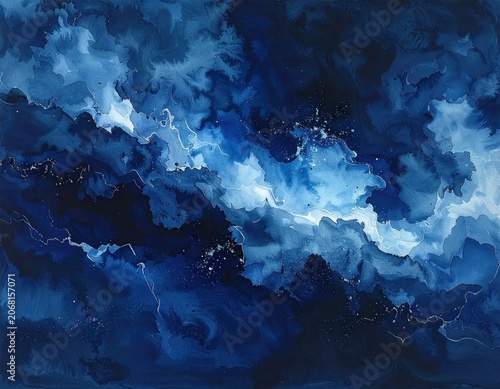Deep blue watercolor wash with starry speckles resembling a stormy night sky or cosmic nebula