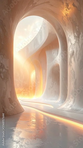 futuristic arched stone corridor with glowing golden sunlight and soft warm illumination, architectural visualization for interior design and fantasy environments