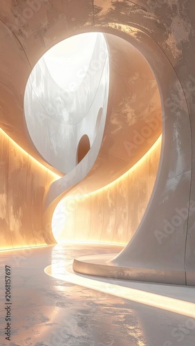 Futuristic interior with curved architecture and warm glowing light, smooth concrete textures, abstract fluid corridor design, modern architectural visualization