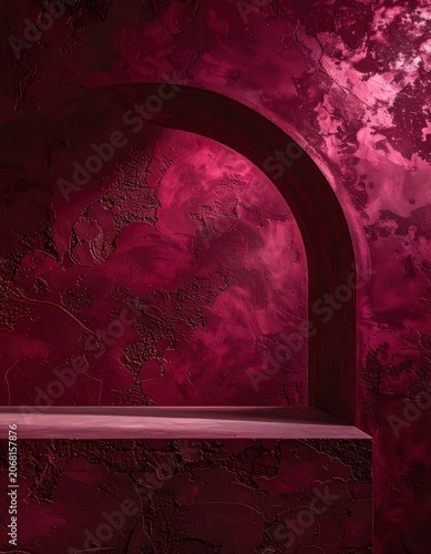 Empty product display podium with an arched frame on a textured magenta wall, perfect for cosmetics, luxury perfume, fashion editorial photography