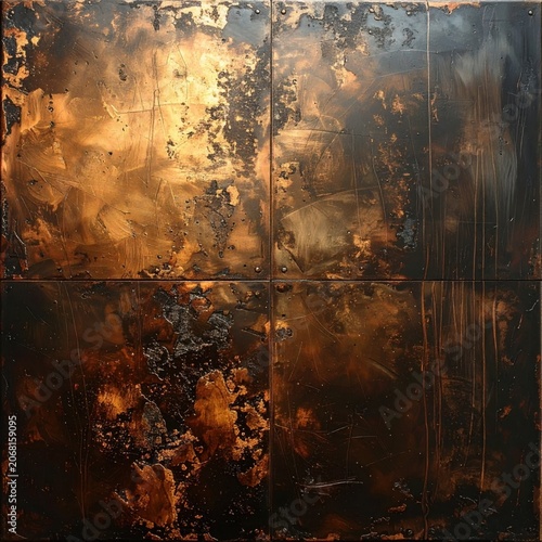 Weathered dark metal surface with oxidized copper patina and distressed texture, vintage industrial background for architecture and interior design