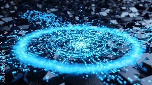 Abstract Digital Circuit Board with Glowing Blue Energy Pulses and Data Flow, 3D Animation of AI Processor and Cyber Security Technology