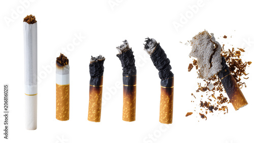 Photography Isolated cigarette burning progression stages showing process from whole new tob