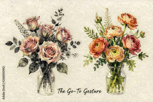 Elegant Watercolor Floral Sketches of Roses and Ranunculus in Glass Vases