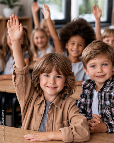 Students raise hands in classroom during a lesson in the morning