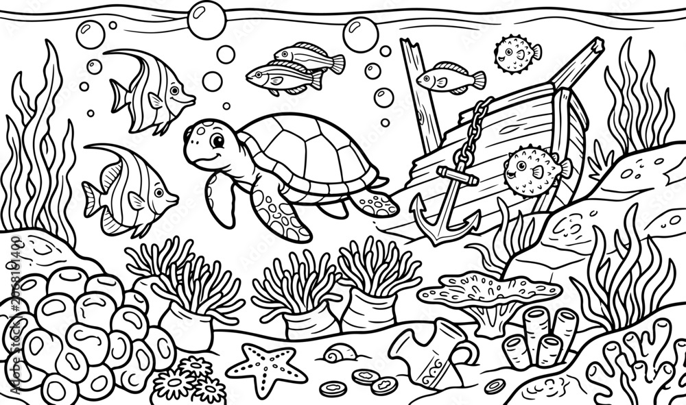 Obraz premium marine life scene cartoon outline hand drawn Line Art illustration doodle art coloring page for kids
