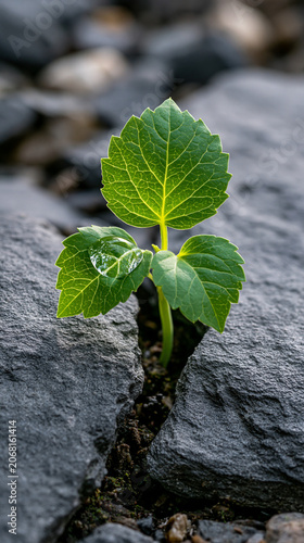 New plant grows through crack in stone surface during daylight hours